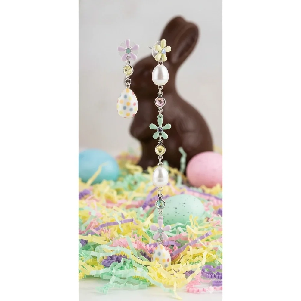 Betsey‎ Johnson Egg and Flower Mismatch Linear Earrings Pastel Easter NEW